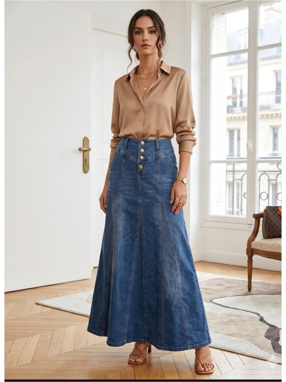 Vintage Chartou Drop High-Waist Button Front Maxi Denim Boho Paneled Skirt XL